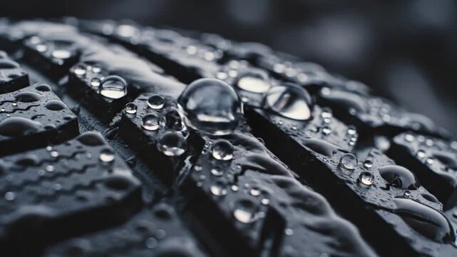Close-up of water droplets on dark car tire tread
