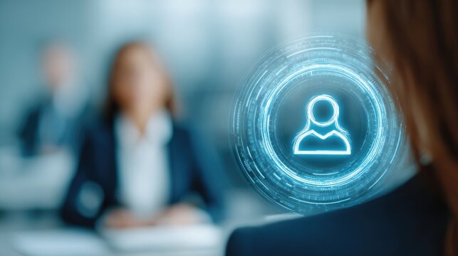 Professional human resources manager interviewing candidate in glass office with holographic resume profile icon recruitment and hiring concept