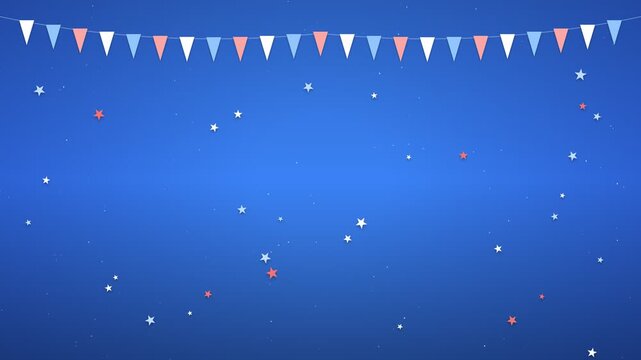 Bunting flags and falling stars on blue backdrop
