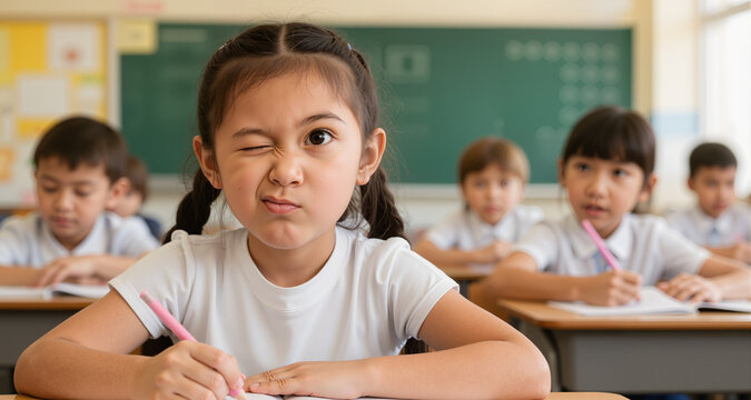 Curious girl winking and thinking during class at elementary school
