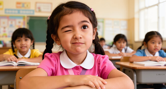 Curious girl winking and thinking during class at elementary school
