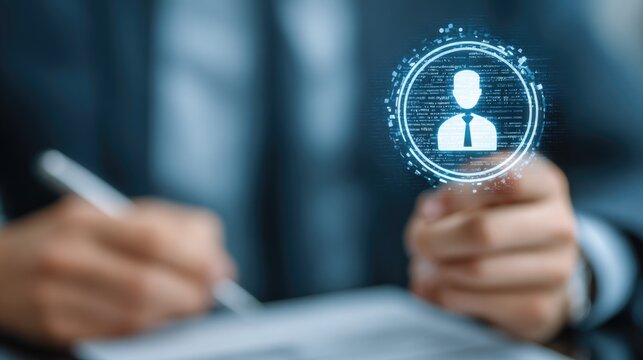 Professional human resources manager interviewing candidate in glass office with holographic resume profile icon recruitment and hiring concept