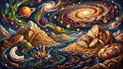 Fototapeta premium Culinary Cosmos: Surreal Food Landscape Oil Painting with Galaxies and Planets