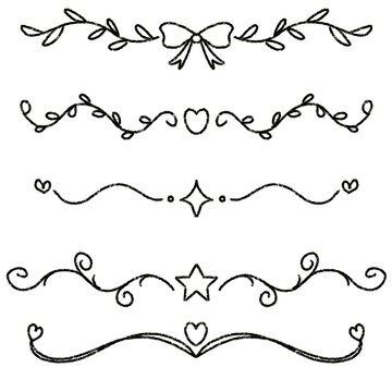 Set of four elegant black line decorative borders with bows, hearts, stars, and swirls. Perfect for wedding, invitation.