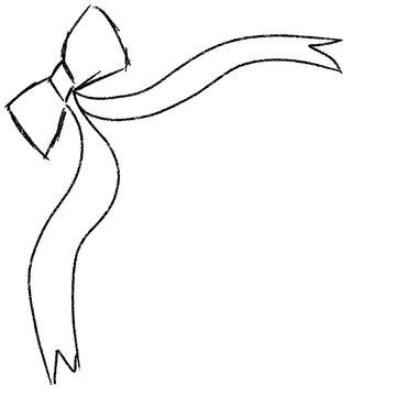 Simple black outline bow with flowing ribbon tails, minimalist style. This hand-drawn sketch features clean lines.