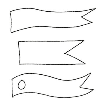 Hand-drawn ribbon outlines in black ink on white background. Three distinct banner shapes with tail and eyelet details