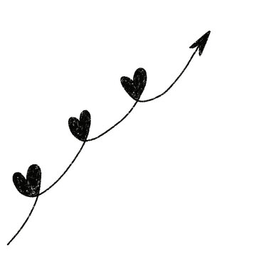 Black hand-drawn hearts trail upward along curved arrow on plain white background