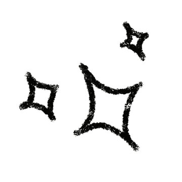 Black chalk-drawn stars on plain white background. Simple, hand-drawn celestial symbols. Artistic, textured sketch style.