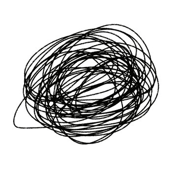 Black ink scribbles form tangled, chaotic abstract scribble pattern on white background