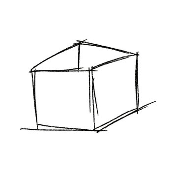 Simple black sketch of basic cube with angled roof and shadow.