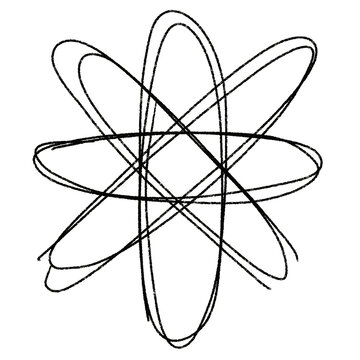 Atomic structure sketch in black ink on white background. Center nucleus with surrounding electron paths