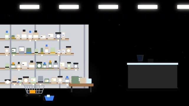 Flat Vector Grocery Store Supermarket Interior with Shelves Shopping Cart and Checkout Counter for Cyber Monday Sale Animation