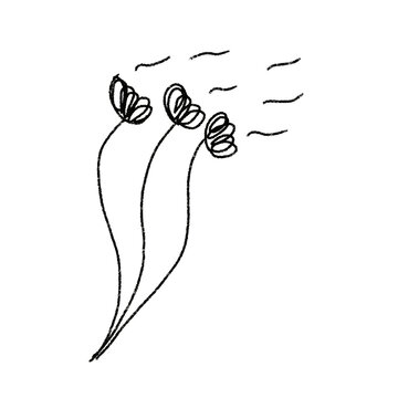 Hand-drawn sketch of three stylized wind-blown flowers with wavy lines above. Simple line art on white background