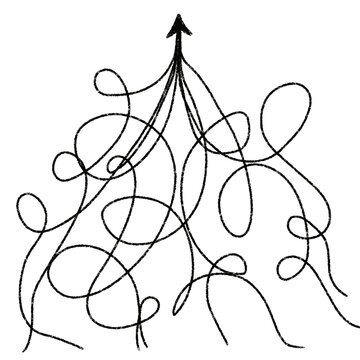 Abstract line drawing of chaotic swirling paths converging upward into single arrowhead.