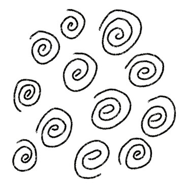 Hand-drawn spiral patterns in black on white background. Spirals vary in size and orientation.