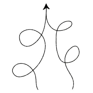 Hand-drawn abstract scribble with upward arrow, black on white. Scribbles form tangled loops, one arrow points upward