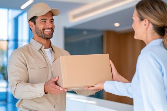 Courier delivering parcel to woman in modern office setting