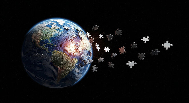 Planet Earth made of puzzle pieces dissolving into space, global concept illustration.