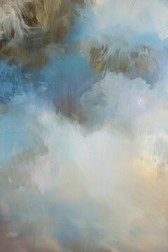 Abstract oil painting presenting a blend of soft blue, white, and neutral colors, creating a textured artistic composition