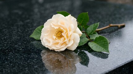 Fototapeta premium A single white rose rests upon a dark reflective surface symbolizing remembrance and gratitude for the sacrifices made by our courageous veterans