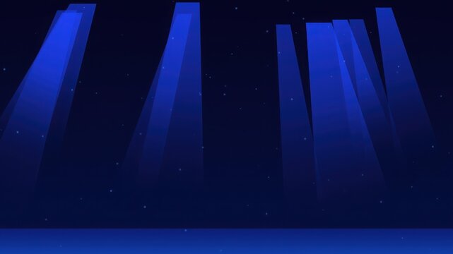 Five blue searchlight beams shining bright in dark night sky