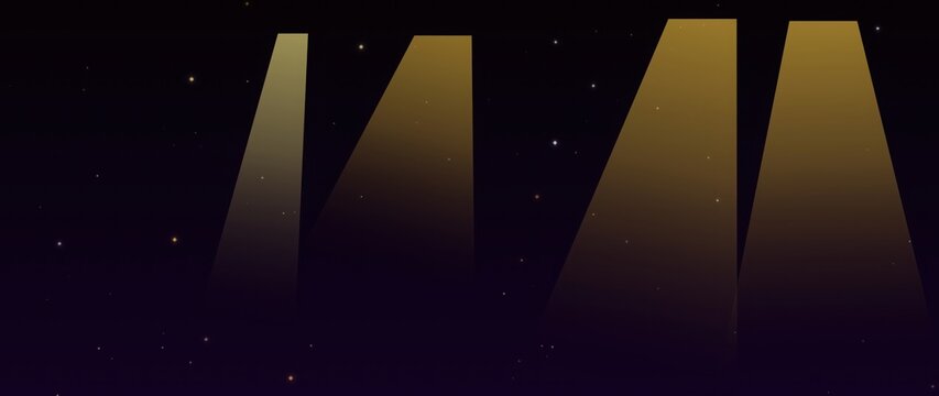 Four bright spotlights shining in dark night sky with stars