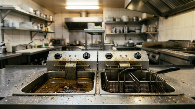 Dirty commercial kitchen with greasy deep fryer filled with old used oil. Unsanitary restaurant equipment and poor hygiene violation with neglected cleaning and food safety hazard concept.