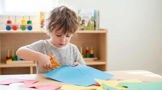 A young toddler boy practicing cutting blue construction paper with safety scissors at a table.