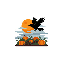 Fototapeta premium Halloween Crow Flying Over Pumpkin Patch Under Full Moon with Clouds - Isolated Vector Illustration