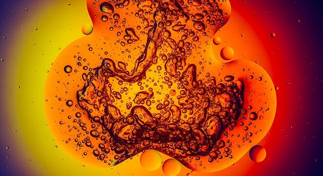 Abstract oil and water bubbles in vibrant orange and yellow liquid.