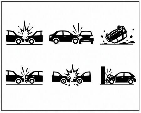 Car accident icon set, black vehicle crash silhouettes, 6 insurance claim vector graphics, automotive collision symbols