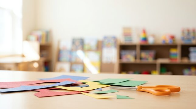 Colorful paper scraps and scissors on a wooden table in a preschool classroom.