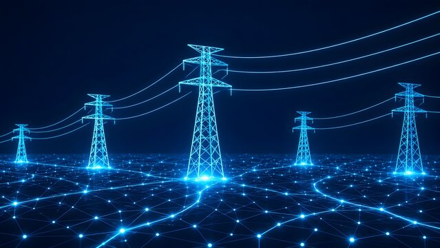 Futuristic digital smart grid concept featuring glowing blue wireframe transmission towers interconnected by a luminous network of energy data nodes