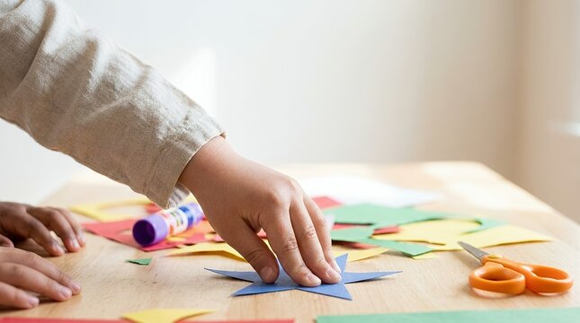 Child hands crafting with colorful paper shapes on a wooden table.