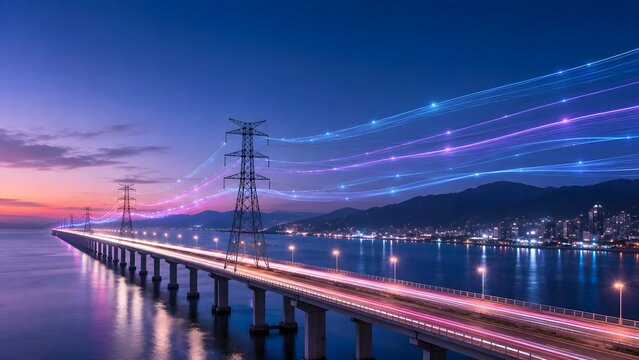 Smart city infrastructure integrating highway traffic light trails and digital telecommunication data streams flowing through transmission towers over a bridge at dusk