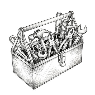 Hand drawn sketch of a professional tool box filled with various construction and repair hand tools on a white background