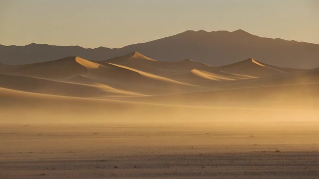 Cinematic American Desert Landscape with Sand Dunes at Dawn, Shimmering Mirage Effect and Soft Sunlight Full HD Background