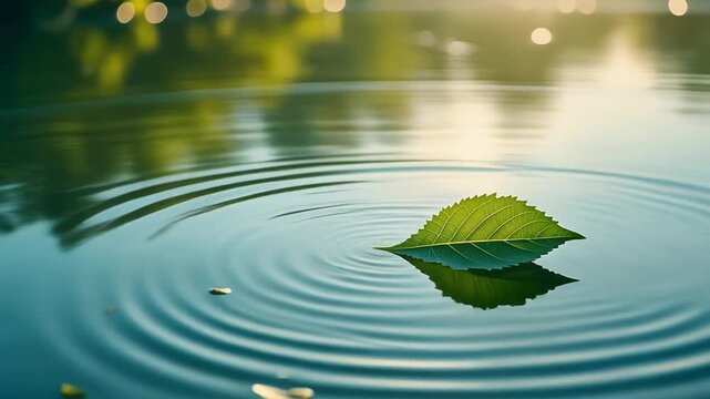 Single Green Leaf Floating on Calm Sunlit Pond Surface with Soft Ripples and Gentle Reflections, Peaceful Nature Background 1080p