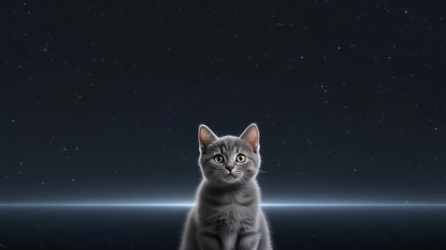 Photorealistic Young Grey Short-Haired Kitten Sitting Under Vast Starry Night Sky, Cute Domestic Cat in Cosmic Dreamy Landscape, 1080p