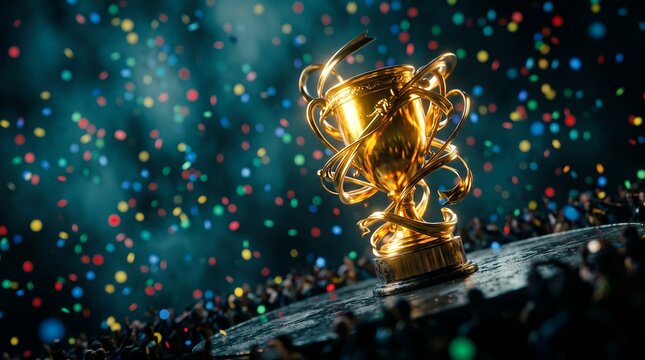 Golden trophy cup on a podium showcasing swirling metallic ribbons, falling colorful confetti and dark stadium lighting, concept for championship victory and business achievement
