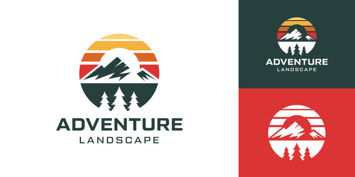 Sunset above Abstract mountains peak silhouette. Vintage styled mountain logo or sticker or poster Logo Design
