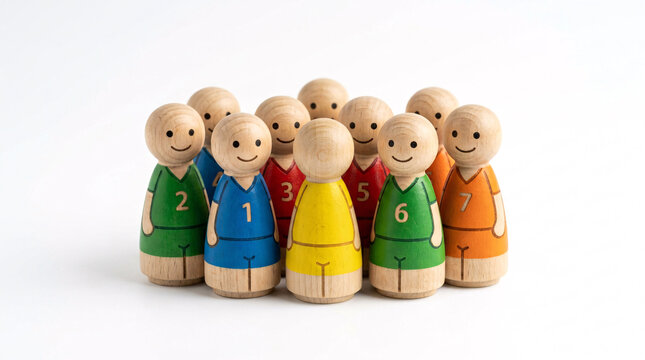 A group of cheerful wooden figurines, each wearing a numbered jersey, stands together in a close-knit formation, symbolizing unity and teamwork.