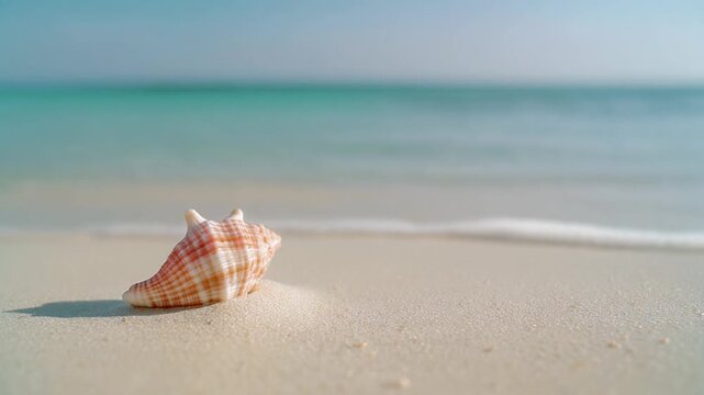 Single Elegant Natural Seashell Resting on Fine Pale Sand with Soft Ocean Waves in a Tropical Beach Background