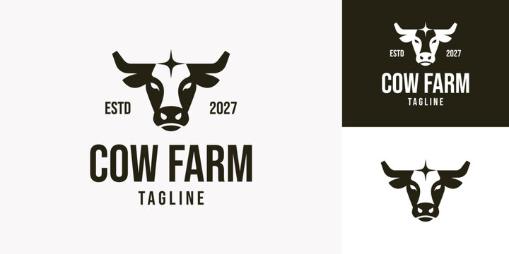 Cow farm logo design with minimalist cow head silhouette, star accent, and vintage badge style. Suitable for farm business, dairy, cattle ranch, butcher, or agriculture branding. Available in three co