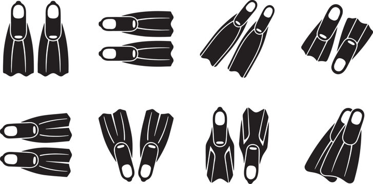 Scuba diving swim fins and snorkeling flippers icons