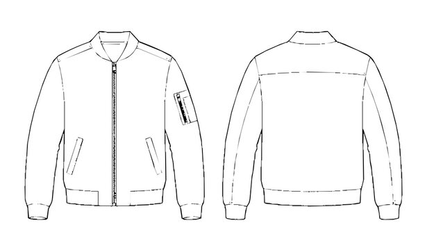 Men's Bomber Jacket Technical Fashion Flat Sketch Front and Back Vector