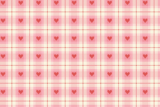 Pink And White Vichy Background With Heart. Gingham Seamless Pattern. Valentines Day Print.