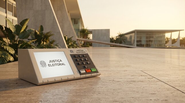 Paisagem urbana brasileira com urna eletr&ocirc;nica em primeiro plano e arquitetura contempor&acirc;nea ao fundo, simbolizando democracia, futuro nacional e participa&ccedil;&atilde;o cidad&atilde;