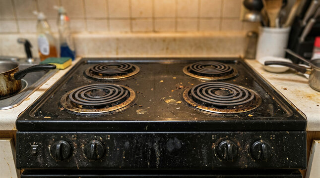 Dirty old electric stove covered with burnt grease and food stain in messy kitchen. Unhygienic cooking surface and neglected household appliance concept for cleaning and sanitation