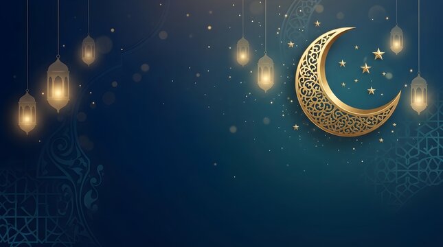 Islamic background featuring an ornate golden crescent moon, hanging lamps, and sparkling stars on a dark blue gradient backdrop with copy space. Ideal for Ramadan.